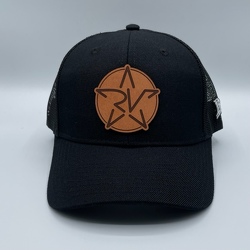 Black/Black Leather Patch Trucker with Tan Star Logo